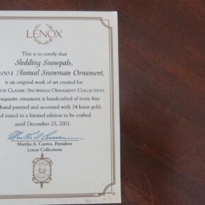 Lenox 2001 Annual Snowman Ornament, "Sledding Snowpals"  2