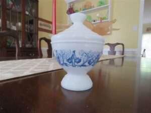 Lidded Apothecary Jar Asian Design Blue on White Belgium Milk Glass 1