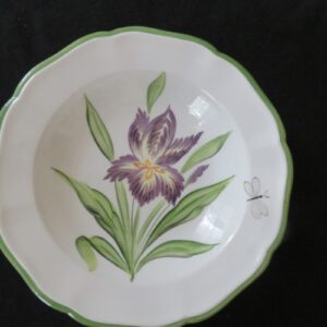 Vietri Made In Italy Pasta Bowl Purple Floral Design 9 ¼ inches diameter. 1 ½ inches deep. Made in Italy. Vietri of Hillsborough, N.C. Very good condition. No cracks, dings, chips or scratches. Colors are bright. Must be considered as used. Look carefully at the flower. Bowls come with different flowers pattern. 1