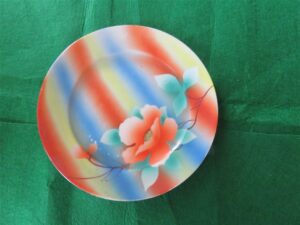 Bread Plate Takito TT Pink dogwood flower Red, blue, yellow stripes 1