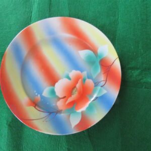 Bread Plate Takito TT Pink dogwood flower Red, blue, yellow stripes 1
