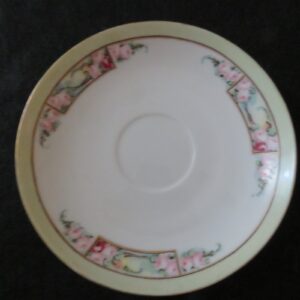 Saucer Royal Rudolstadt Prussia Signed by Mary Linderenburger Floral pattern. Green band on rim. Gold rings. 6 inch diameter. Very good condition. No chips or dings. These are vintage pieces and must be considered as used. 1