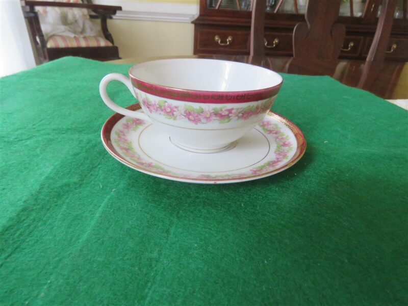 Footed Tea Cup & Saucer Floral ring Maroon ring. 6