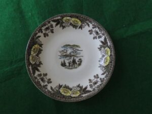 Royal China Fairoaks Saucer Chocolate floral perimeter. Family and steam ship in the center. 1