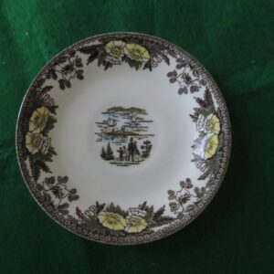 Royal China Fairoaks Saucer Chocolate floral perimeter. Family and steam ship in the center. 1