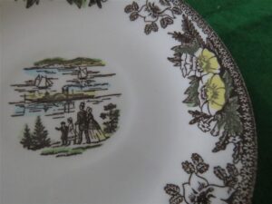 Royal China Fairoaks Saucer Chocolate floral perimeter. Family and steam ship in the center. 2