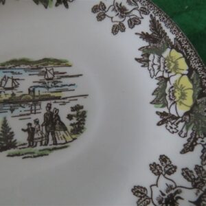 Royal China Fairoaks Saucer Chocolate floral perimeter. Family and steam ship in the center. 2