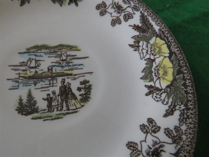 Royal China Fairoaks Saucer Chocolate floral perimeter. Family and steam ship in the center. 2