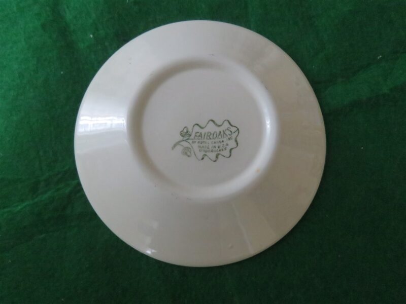 Royal China Fairoaks Saucer Chocolate floral perimeter. Family and steam ship in the center. 3