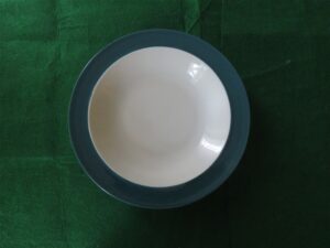 Crown Corning Soup bowl. White base. Green rim. 1