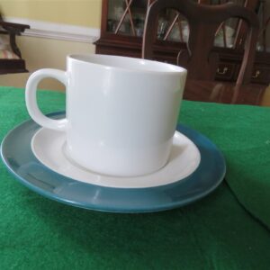 Crown Corning Japan Cup & Saucer. White base. Green rim. 1