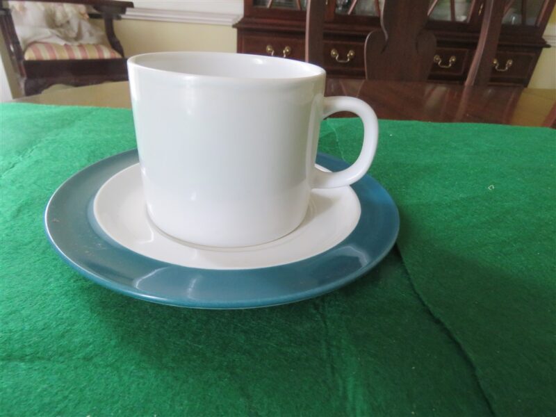 Crown Corning Japan Cup & Saucer. White base. Green rim. 2