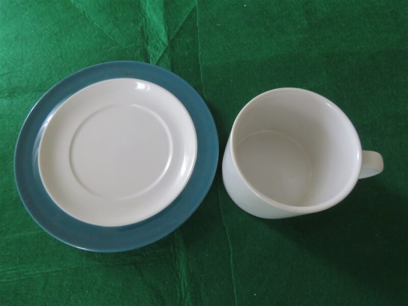 Crown Corning Japan Cup & Saucer. White base. Green rim. 3