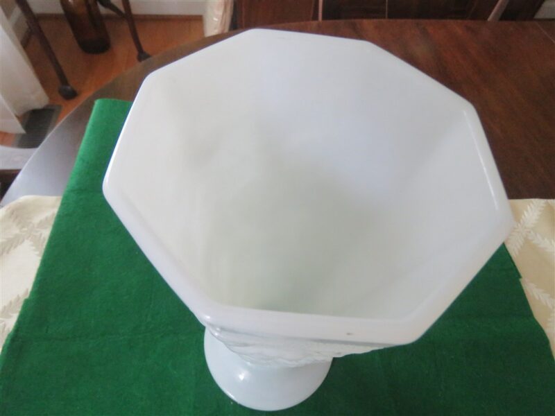 White Octagonal Pedestal Milk Glass Vase Grapes Leaves Anchor Hocking 3