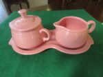 Fiestaware Pink Lided Sugar and Creamer w/Tray 3