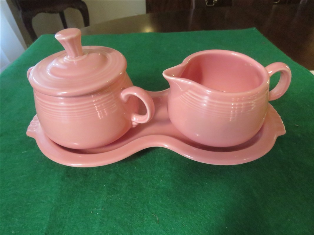 Fiestaware Pink Lided Sugar and Creamer w/Tray 3