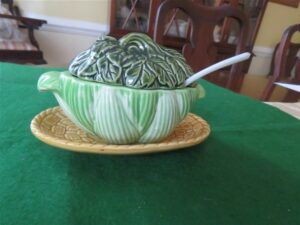 Royal Sealy Kaycoware Covered Green Serving Dish with underplate. 2