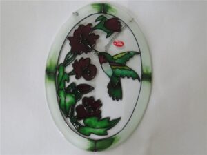 Oval Colorful Glass Suncatcher w/Hummingbird & Flowers 3
