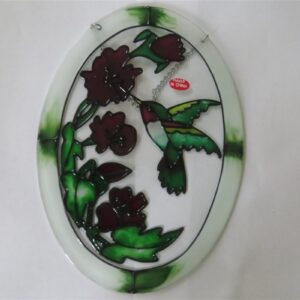 Oval Colorful Glass Suncatcher w/Hummingbird & Flowers 3