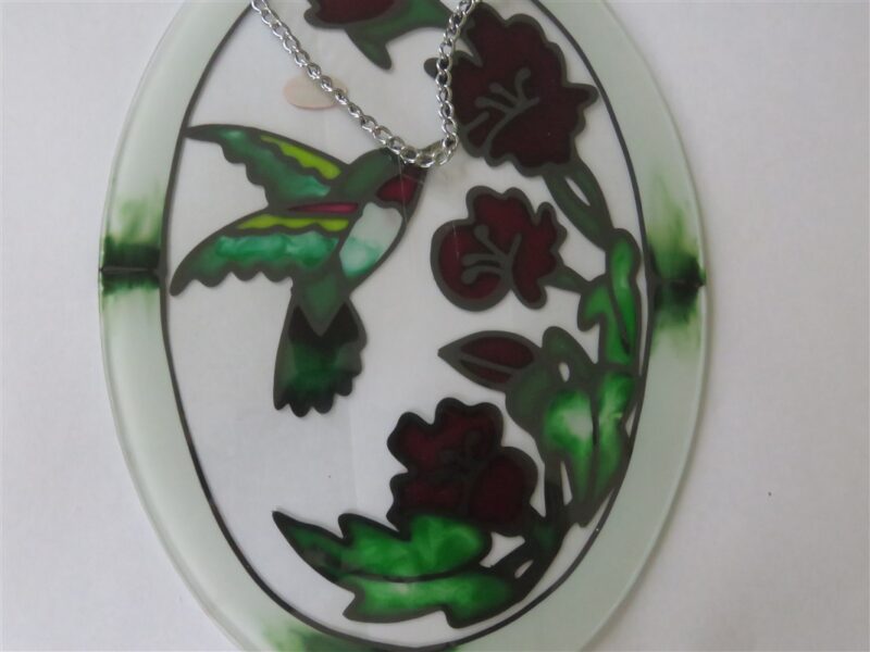 Oval Colorful Glass Suncatcher w/Hummingbird & Flowers 5