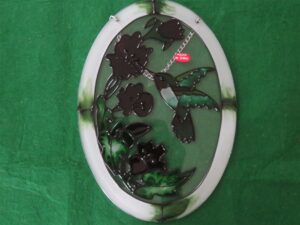 Oval Colorful Glass Suncatcher w/Hummingbird & Flowers 7