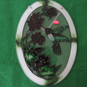 Oval Colorful Glass Suncatcher w/Hummingbird & Flowers 7
