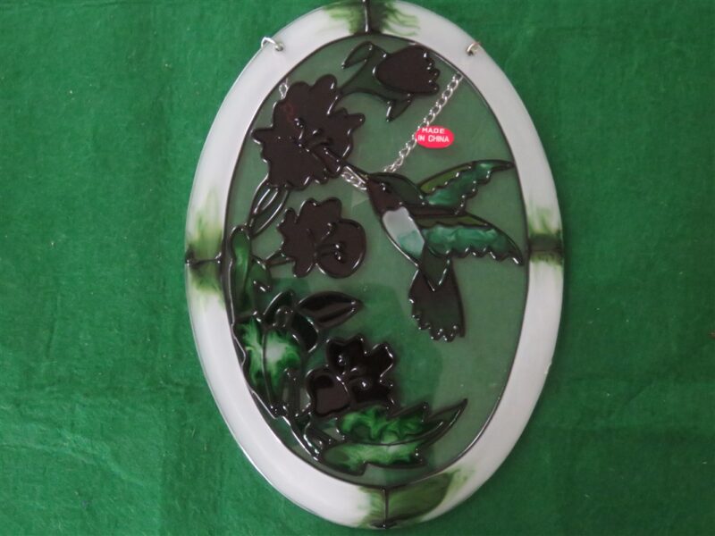 Oval Colorful Glass Suncatcher w/Hummingbird & Flowers 7