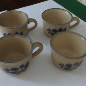 Pfaltzgraff Folk Art Flat Cups USA Blue Tan Pattern 001 Set of vintage flat cups with classic folk art design Warm blue and tan tones with timeless country charm 1