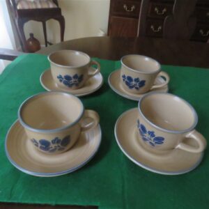 Pfaltzgraff Folk Art Cup & Saucer Stoneware Blue Tan USA Vintage 1